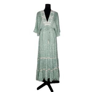 Zury Boho Maxi Dress Sage Green Gold Sequin Embroidered Tassel Tiered OS